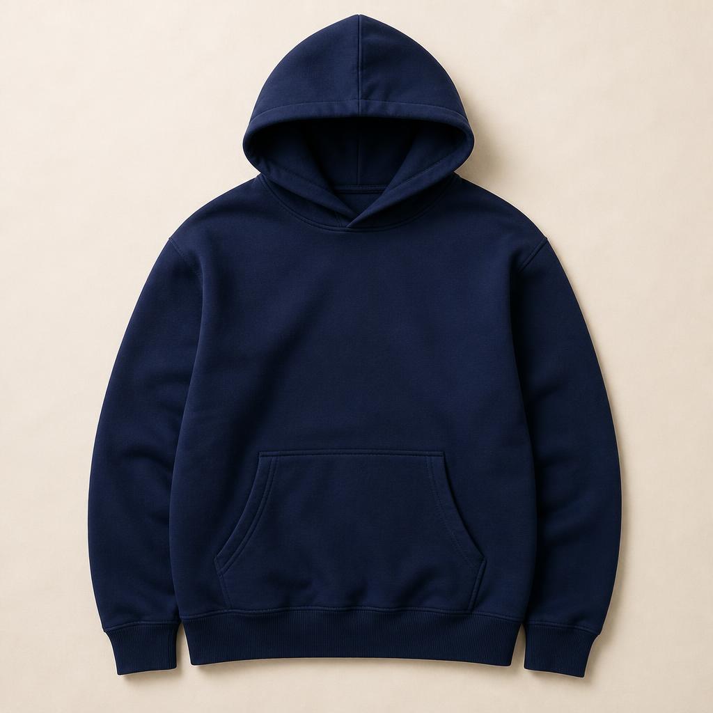 Navy branded hoodie folded flat