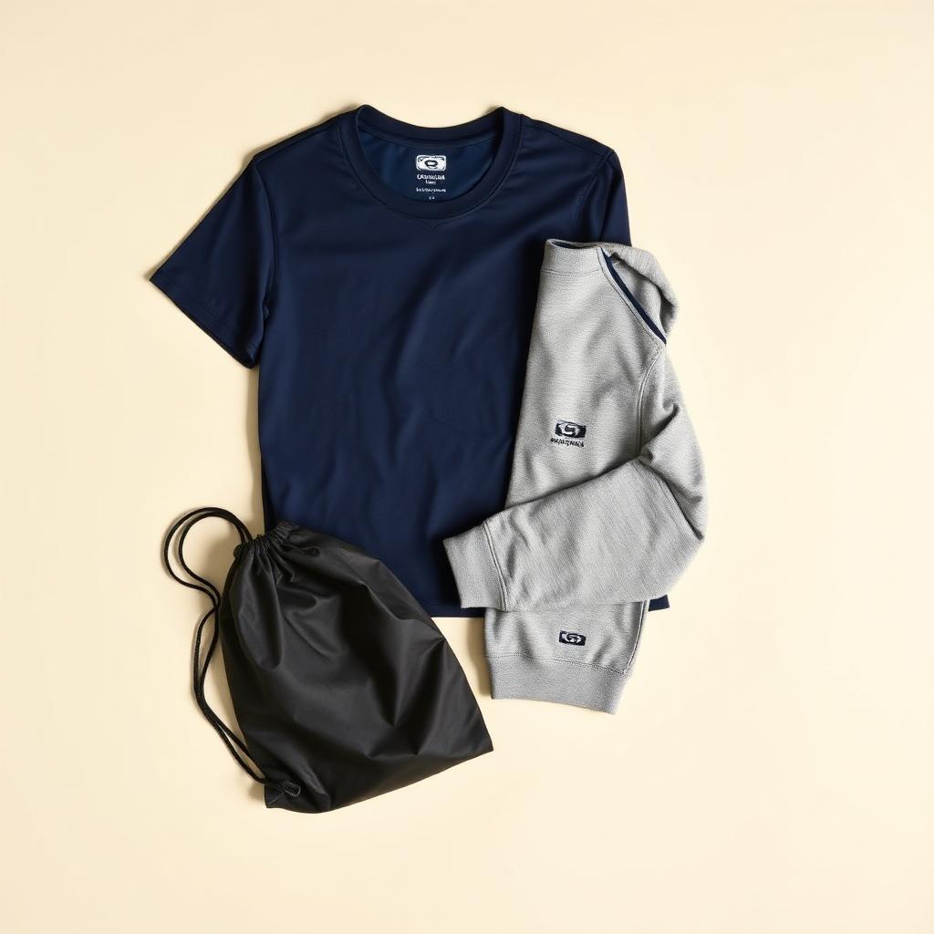 Good Kit Team Kit — Team kit of a navy performance T-shirt, grey sweatshirt and black gymsac