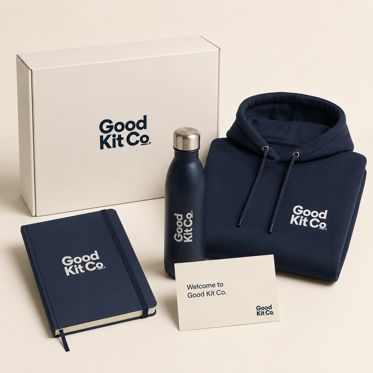 Good Kit Welcome Box — Cream welcome box with branded hoodie, bottle, notebook and welcome card