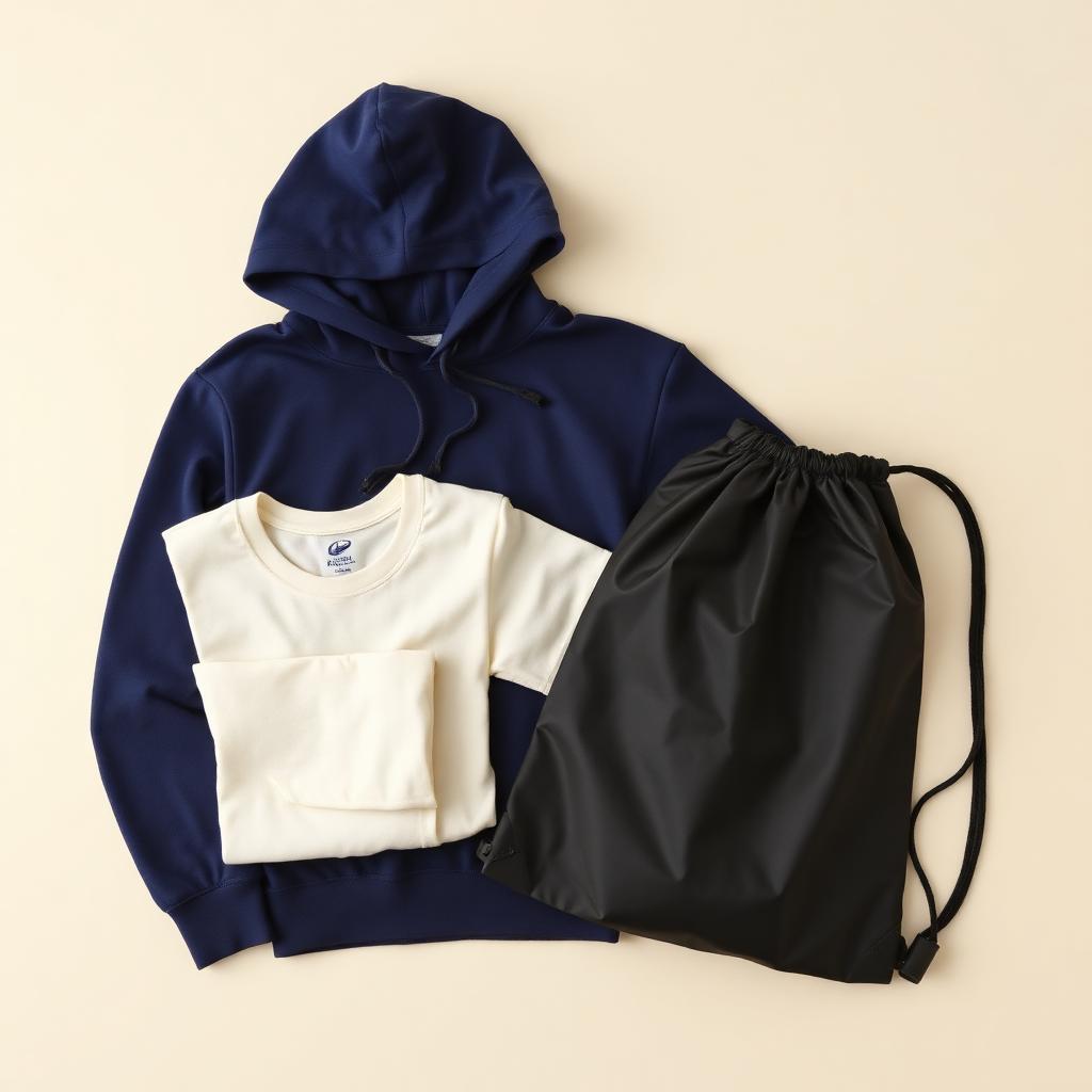 Good Kit Club Member Kit — Club kit of a navy hoodie, cream T-shirt and black drawstring gymsac